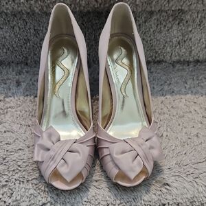 Nina Chic Blush Peep-Toe Heels with Bow Accent